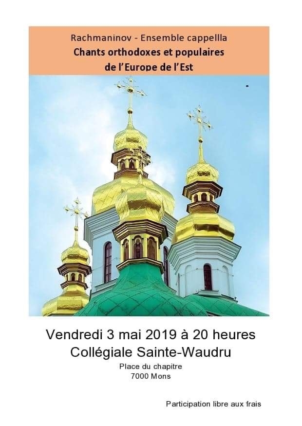 Affiche. Mons. Collégiale Sainte-Waudru. Chants orthodoxes et populaires Europe de l|Est. 2019-05-03